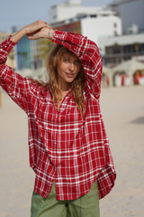 LULU # 3-  BUTTON DOWN SHIRT - FLANNEL -PLAIDS- RED & WHITE