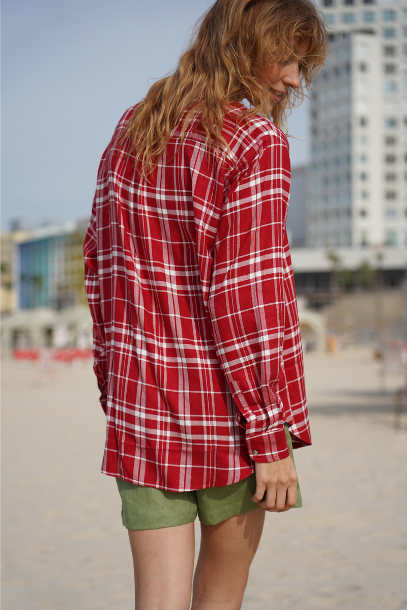 LULU # 3-  BUTTON DOWN SHIRT - FLANNEL -PLAIDS- RED & WHITE